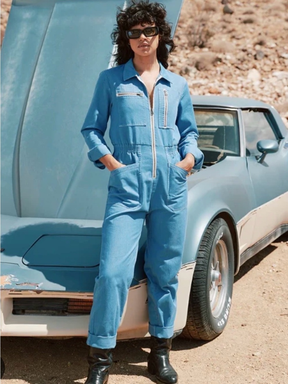 Atwyld Cadet Blue Zip-Front Denim Jumpsuit